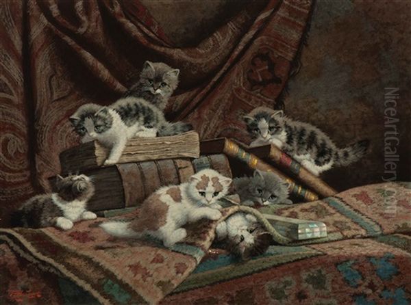 Kittens With Books Oil Painting by Cornelis Raaphorst