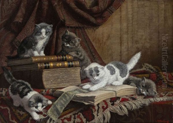 Vijftal Poesjes Bij Boeken Oil Painting by Cornelis Raaphorst