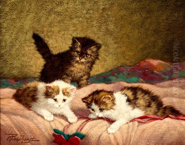 Drie Kittens Met Een Bloemenlint Oil Painting by Cornelis Raaphorst