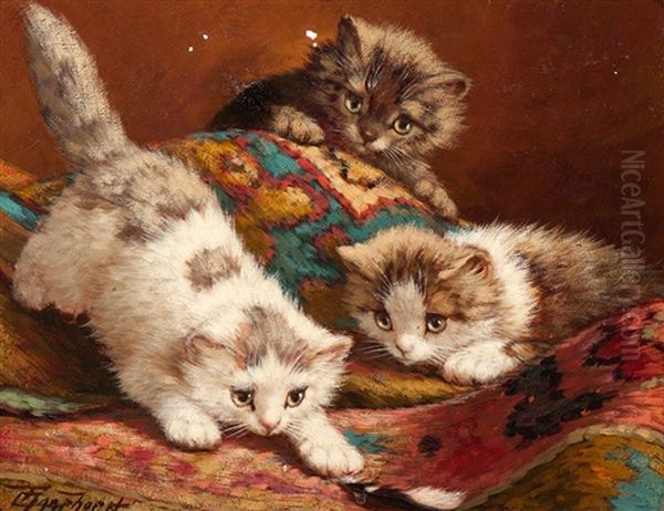 Three Playful Kittens With A Feather Oil Painting by Cornelis Raaphorst