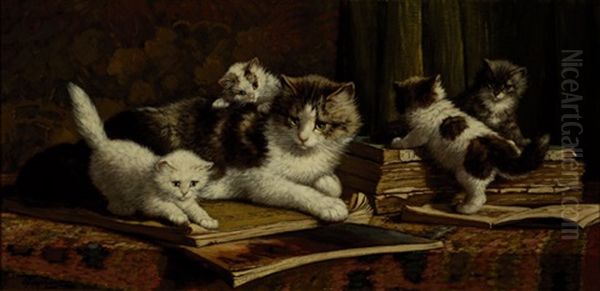 Cat With Four Kittens On A Table With Books Oil Painting by Cornelis Raaphorst