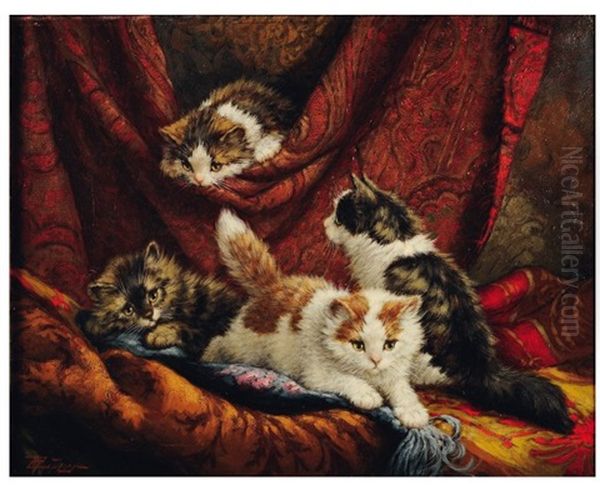 Chatons Jouant Dans Les Rideaux Oil Painting by Cornelis Raaphorst