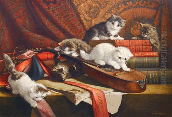 Playing Kittens With Books And A Lute Oil Painting by Cornelis Raaphorst