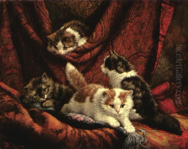 Chatons Jouant Avec Les Rideaux Oil Painting by Cornelis Raaphorst