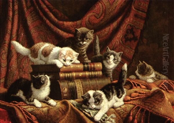 Chatons Jouant Avec Des Livres Oil Painting by Cornelis Raaphorst