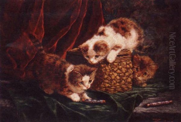 Kittens Playing With A Sewing Basket Oil Painting by Cornelis Raaphorst