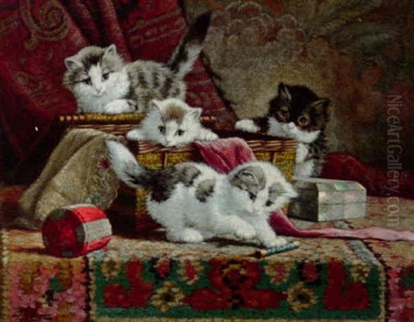 Kittens Playing With A Sewing Kit Oil Painting by Cornelis Raaphorst