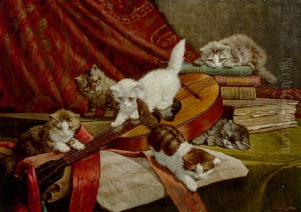 Kittens Playing The Mandoline Oil Painting by Cornelis Raaphorst