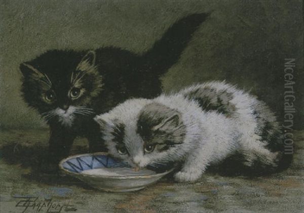 Twee Melk Drinkende Poesjes Oil Painting by Cornelis Raaphorst