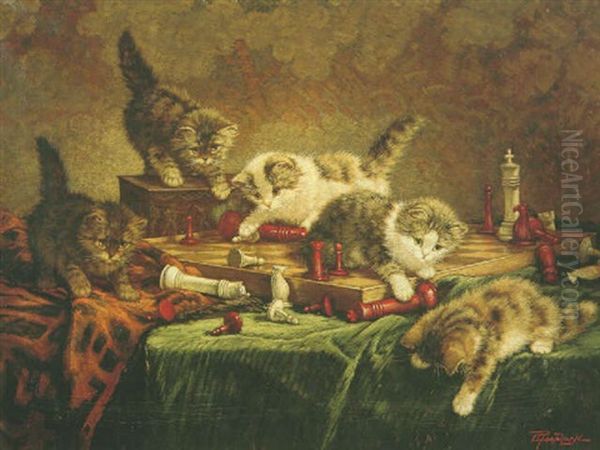 Spelende Poesjes Op Een Schaakbord Oil Painting by Cornelis Raaphorst