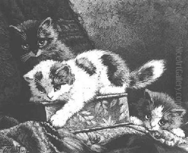 Three Kittens Playing With A Box Oil Painting by Cornelis Raaphorst