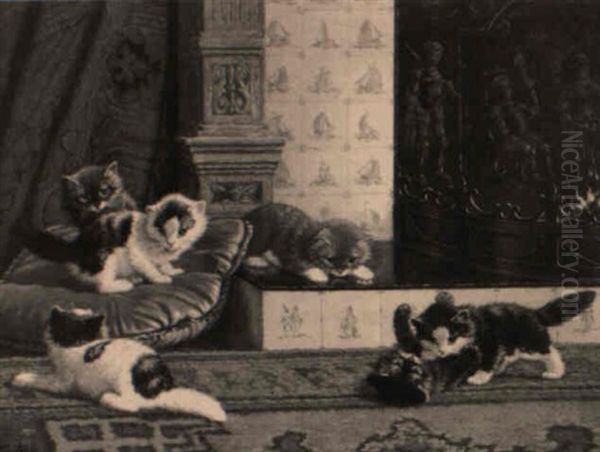 Kittens At Play In Front Of A Delft-blue Tiled Fireplace Oil Painting by Cornelis Raaphorst