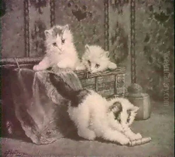 Three Kittens Playing With A Sewing-thread Reel Oil Painting by Cornelis Raaphorst