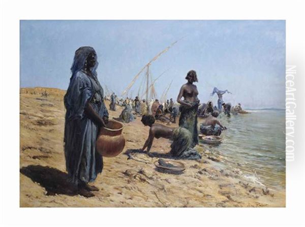 Grosse Wasche Bei Omdurman: Women Washing Along The River Nile, Sudan Oil Painting by Max Friedrich Rabes