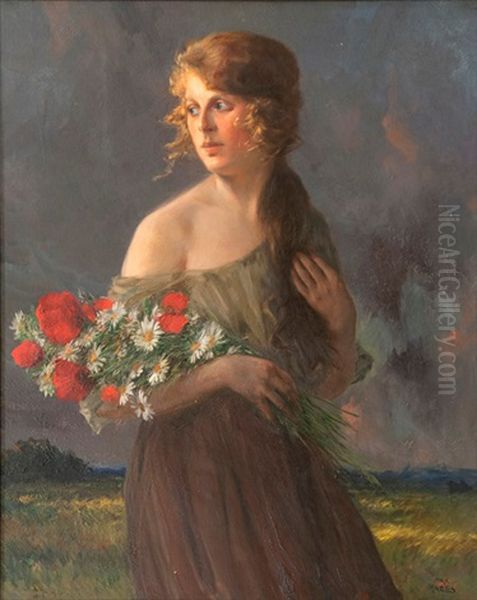 Feldblumen (junge Frau Mit Feldblumenstraus) Oil Painting by Max Friedrich Rabes