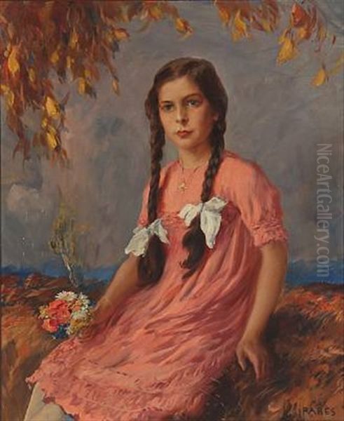 Portrait Of A Girl In Pink Dress With Flowers In Her Hand Oil Painting by Max Friedrich Rabes