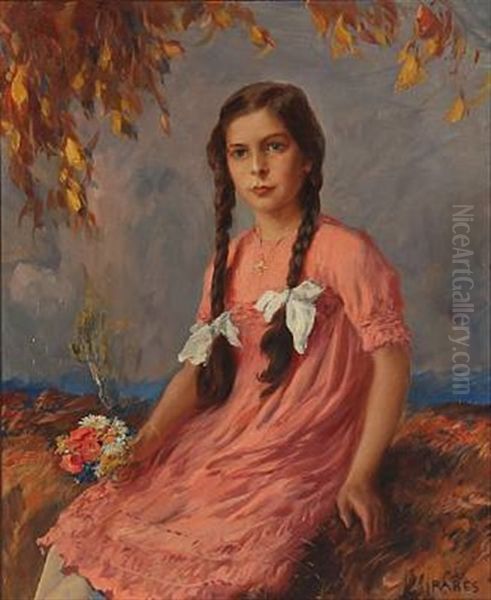 Portrait Of A Girl In Pink Dress With Flowers In Her Hand Oil Painting by Max Friedrich Rabes