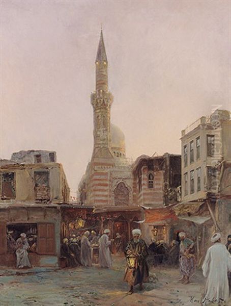 Blick Auf Malerischen Sukh Mit Minarett Und Personenstaffage Zur Abendzeit Oil Painting by Max Friedrich Rabes