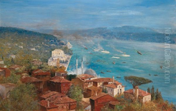 Blick Auf Istanbul Mit Dolmabahce Palast Und Der Artakoy-moschee Oil Painting by Max Friedrich Rabes