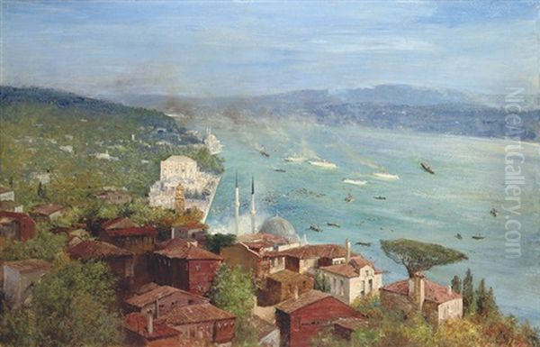 Dolmabahce Palace And Buyuk Mecidiye, Ortakoy, Mosque, Constantinople Oil Painting by Max Friedrich Rabes