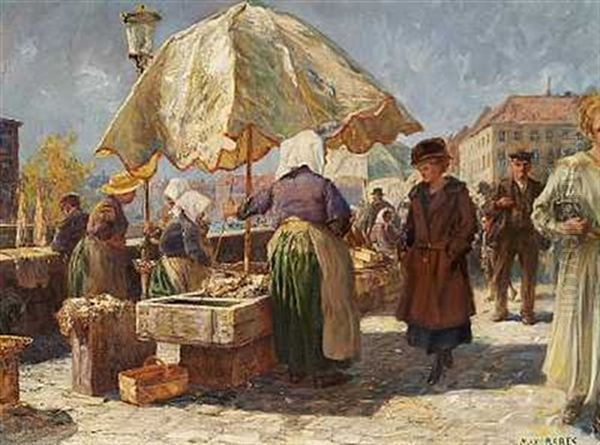 Fiskerkoner Pa Gl. Strand I Kobenhavn. I Forgrunden Ses Laura Aller Oil Painting by Max Friedrich Rabes