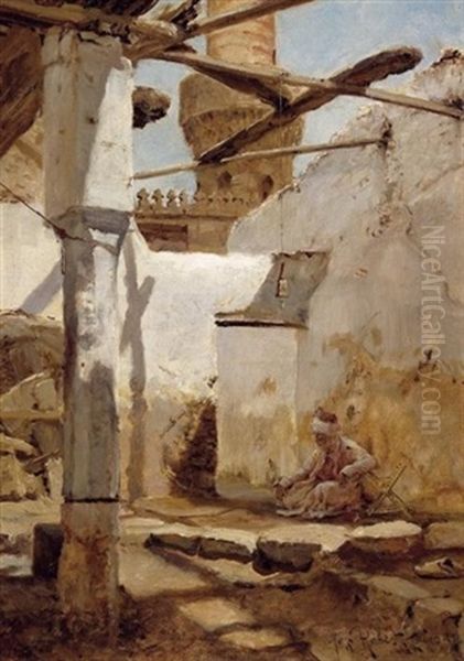 Ein Stiller Winkel. Araber Im Hinterhof Einer Moschee, Sich Dem Musiggang Hingebend (moschee In Boulac?) Oil Painting by Max Friedrich Rabes