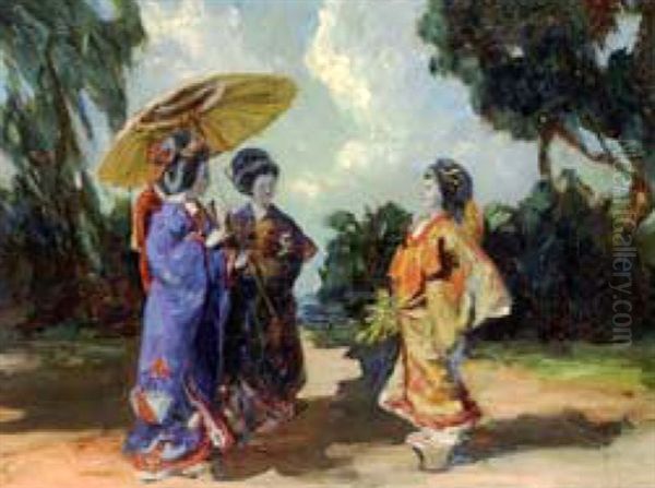 Japanerinnen Im Gesprach Oil Painting by Max Friedrich Rabes