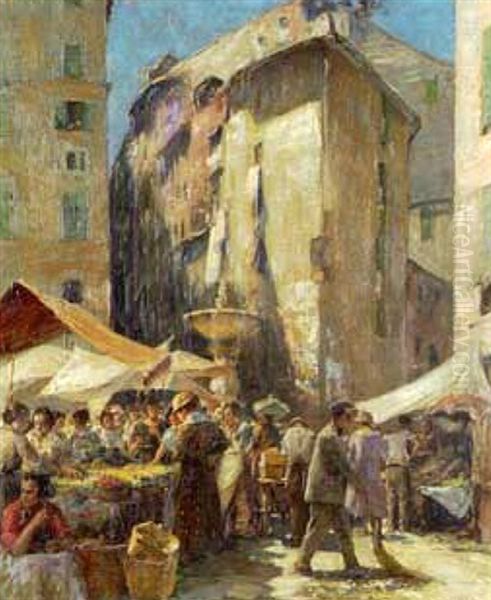 Marktszene In Genua Oil Painting by Max Friedrich Rabes