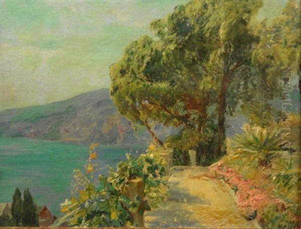 An Der Ligurischen Kuste. Blick Von Einer Terrasse Auf Sonnige Uferpartie Oil Painting by Max Friedrich Rabes