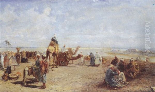 Scene De Marche Au Bord Du Nil, Le Caire Oil Painting by Max Friedrich Rabes