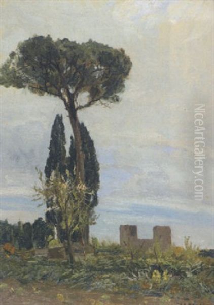 Via Appia In Rom. Vorn Zypresse Und Pinie Oil Painting by Max Friedrich Rabes