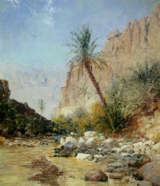 A Desert Landscape With A Palm Tree By A Stream Oil Painting by Max Friedrich Rabes