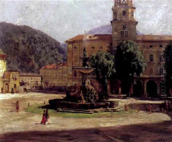 Der Residenzplatz Zu Salzburg An Einem Sonnigen Fruhlingstag Oil Painting by Max Friedrich Rabes