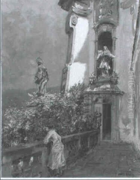 Junge Frau Vor Der Stiftskirche Von Durnstein In Der Wachau Oil Painting by Max Friedrich Rabes