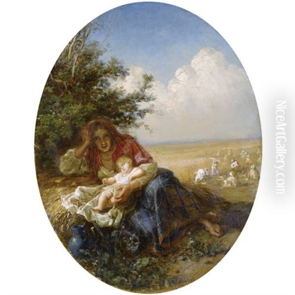 Mother And Child In The Wheat Field Oil Painting by Nikolai Y. Rachkov