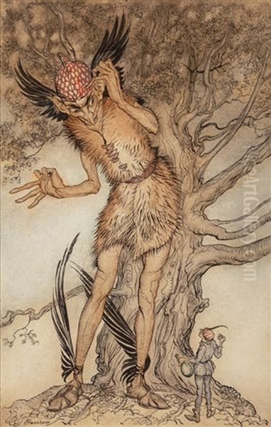 A Terrible Fellow, Little Brother And Little Sister Interior Illustration, 1917 Oil Painting by Arthur Rackham