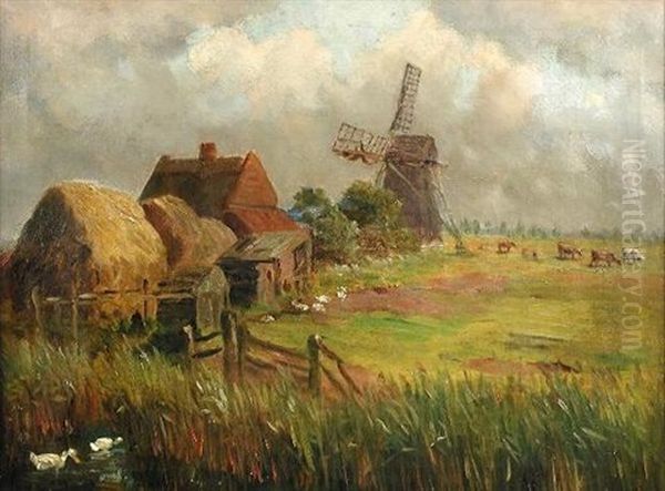 A Marsh Farmstead, Tunstall, Norfolk Oil Painting by William Leslie Rackham