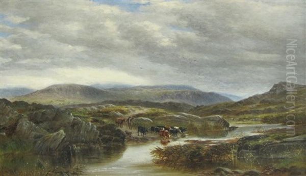 A Moorland Landscape With A Drover And Cattle Fording A Stream Oil Painting by Charles Walter Radclyffe