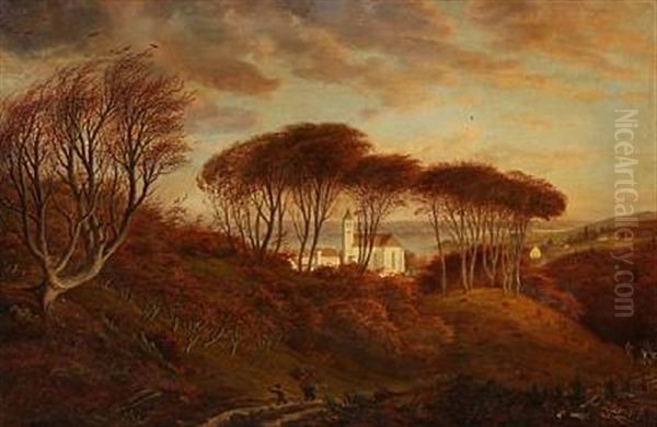 Landscape With Mariager Church In Jutland Oil Painting by Niels Groenbek Rademacher