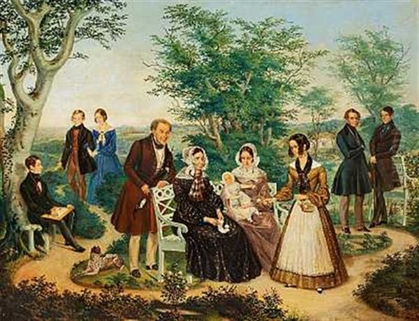 Familien Schnakenburg I Parken Ved Deres Hjem Elisalyst (nu Munkholm) Oil Painting by Niels Groenbek Rademacher