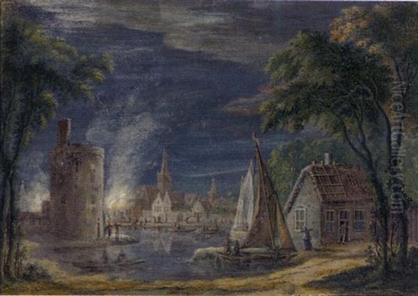 A Town On A River With A Building On Fire Oil Painting by Abraham Rademaker