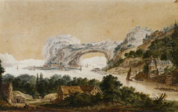 An Estuary With A Rocky Arch In The Background Oil Painting by Abraham Rademaker