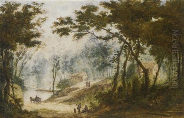 A Woodland Path With A Carriage Driving Towards A River Oil Painting by Abraham Rademaker