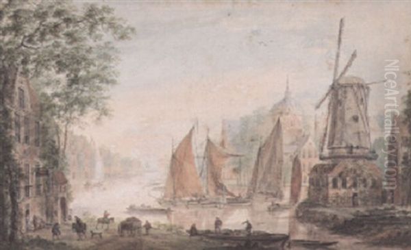 View Of A River Running Through A Town, With A Barge Moored Outside An Inn Oil Painting by Abraham Rademaker