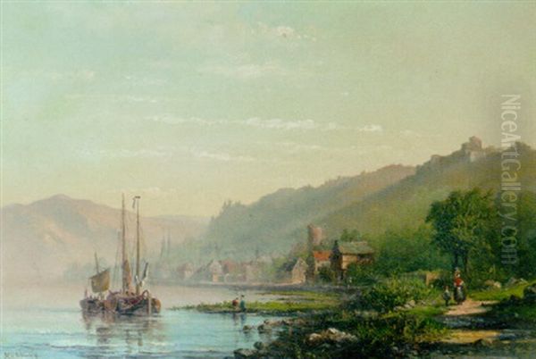 A Rhenish River Landscape Oil Painting by Marinus van Raden