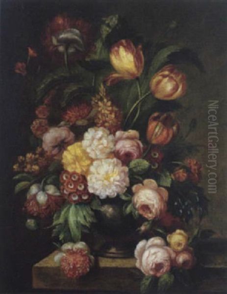 Primule, Papaveri, Tulipani, Rose, Peonie E Anemoni In Un Vaso Di Bronzo Su Un Piano Di Pietra Oil Painting by Jean Baptiste Radet