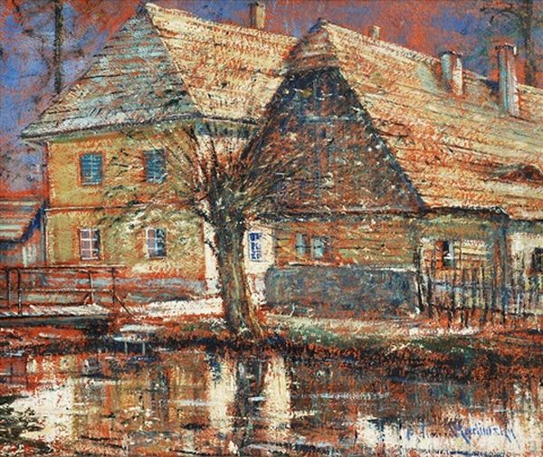 Houses At A Spring Oil Painting by Vaclav Radimsky