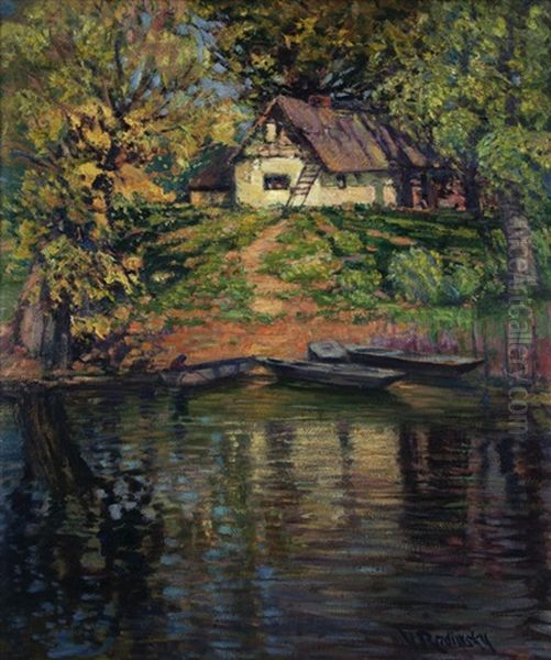 Bile Staveni U Reky Oil Painting by Vaclav Radimsky