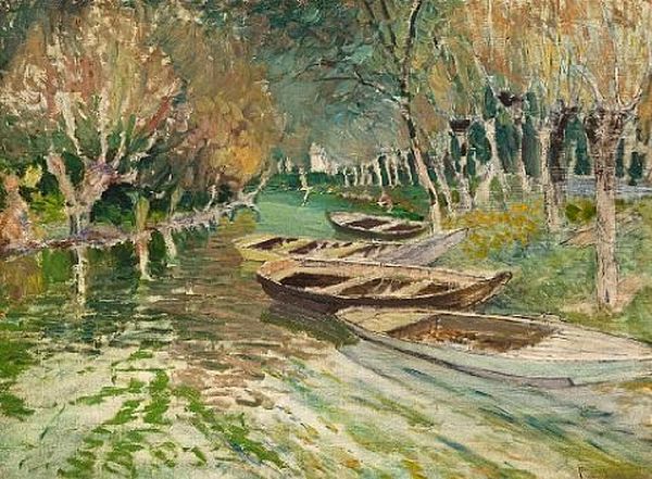 Boats At Anchor On A Stream Oil Painting by Vaclav Radimsky