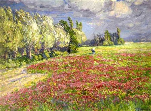 A Summer Landscape With A Woman Walking Through A Field Of Flowers Oil Painting by Wenzel Radimsky